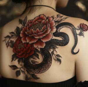 11_Red_Peony_And_Snake_Tattoo